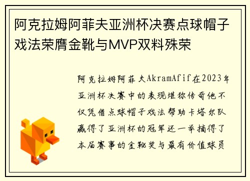 阿克拉姆阿菲夫亚洲杯决赛点球帽子戏法荣膺金靴与MVP双料殊荣 阿克拉姆阿菲夫亚洲杯决赛点球帽子戏法荣膺金靴与MVP双料殊荣